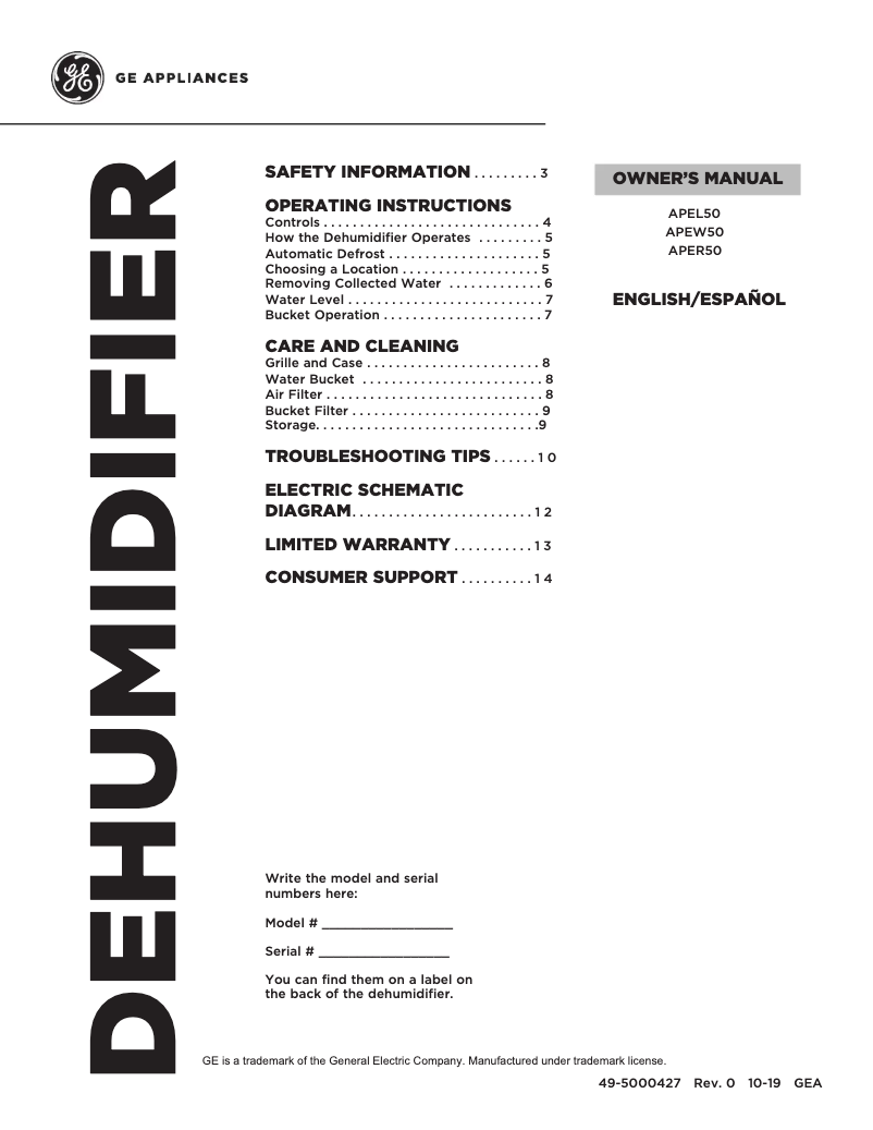 Page 1 de la notice Manuel utilisateur GE APER50LZ