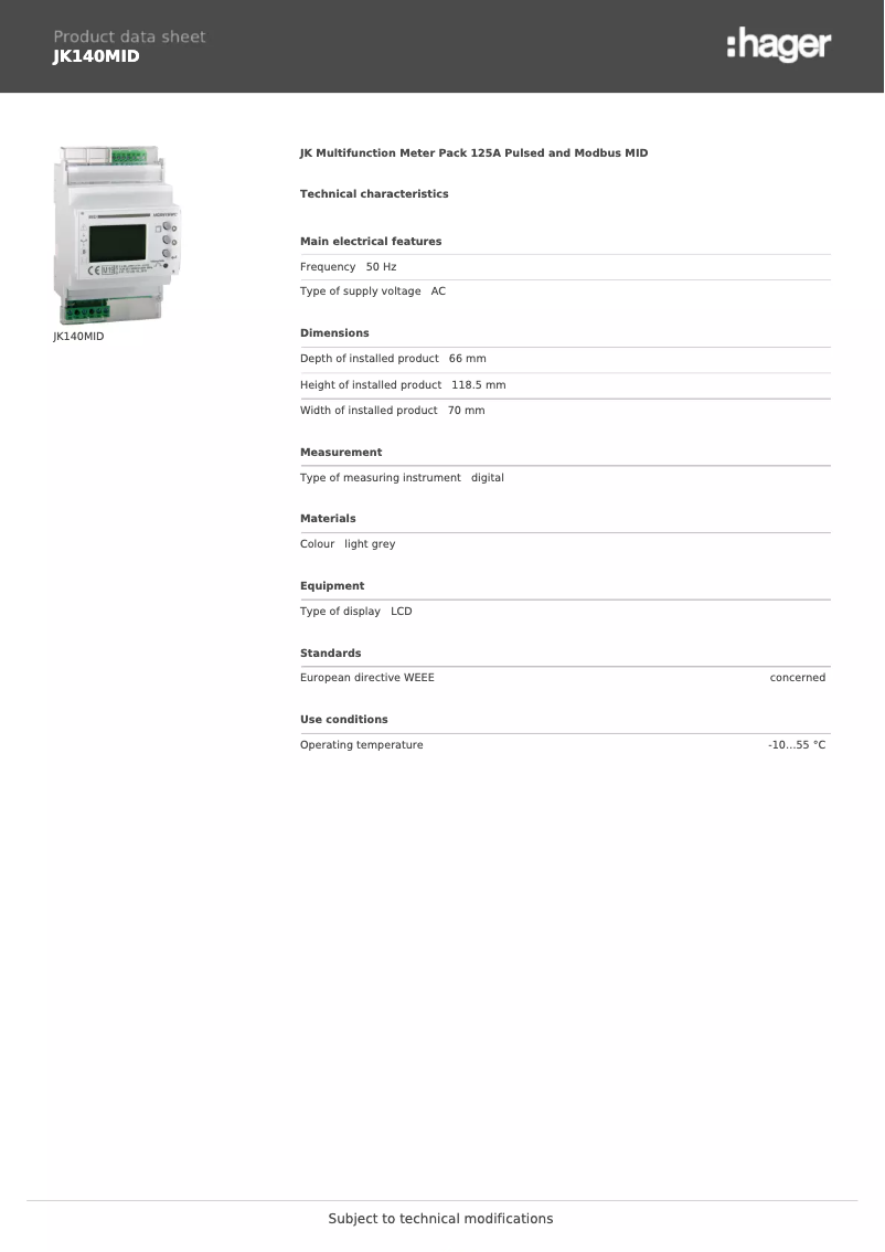 Page 1 de la notice Fiche technique Hager JK140MID
