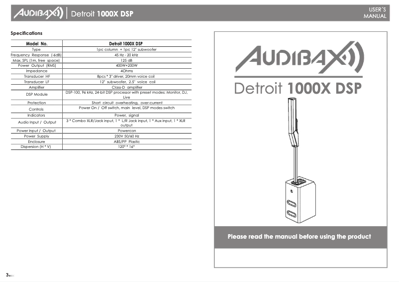 Page 1 de la notice Manuel utilisateur Audibax Detroit 1000X DSP