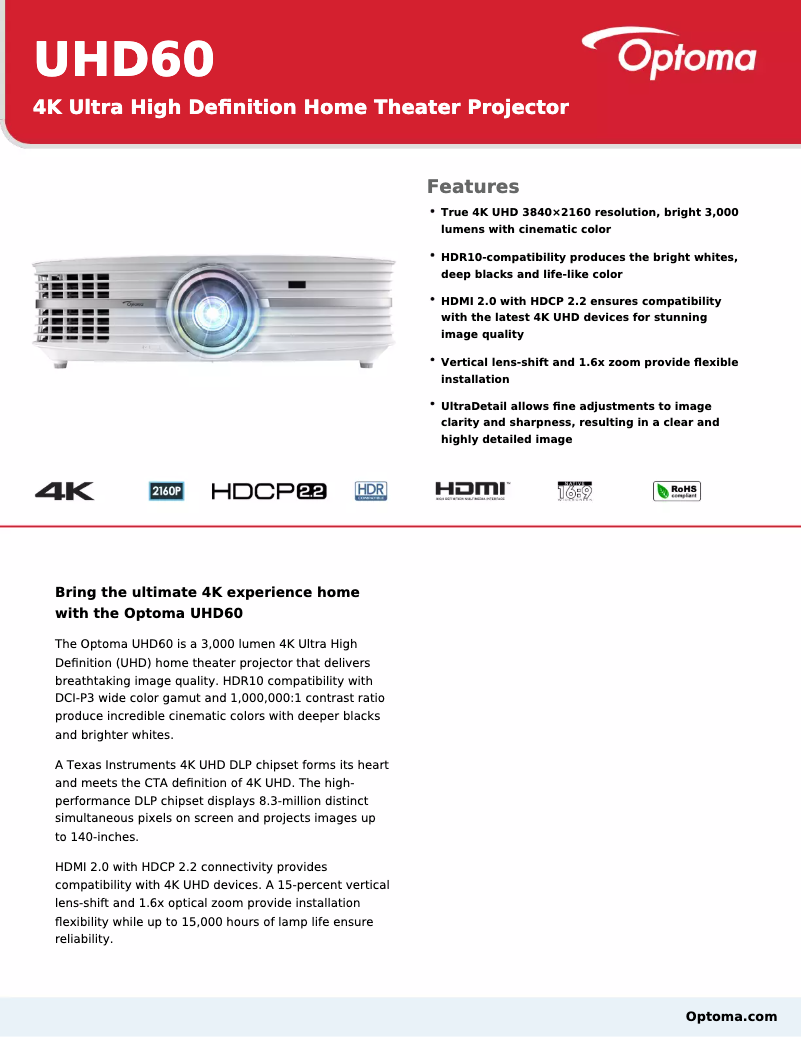 Page 1 de la notice Fiche technique Optoma UHD60