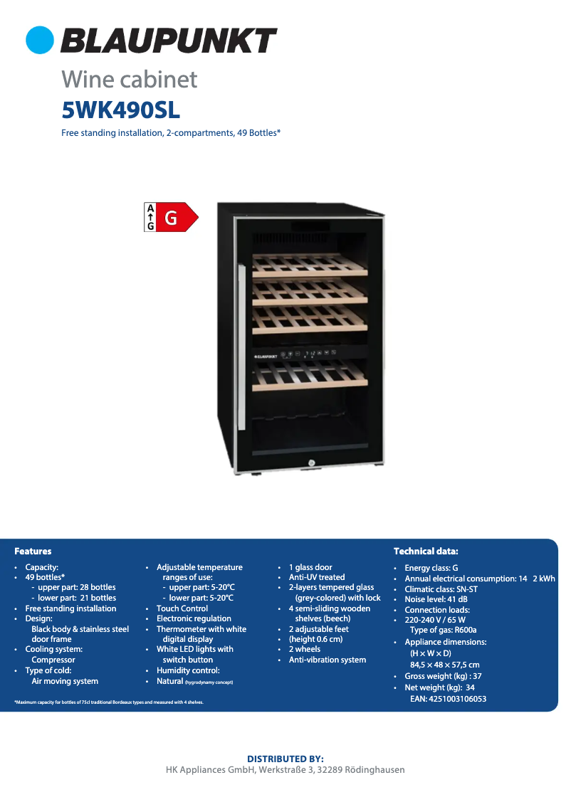 Page 1 de la notice Manuel utilisateur Blaupunkt 5WK490SL