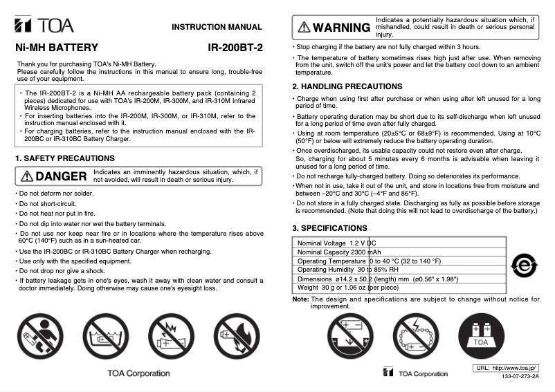 Page 1 de la notice Manuel utilisateur TOA IR-200BT-2