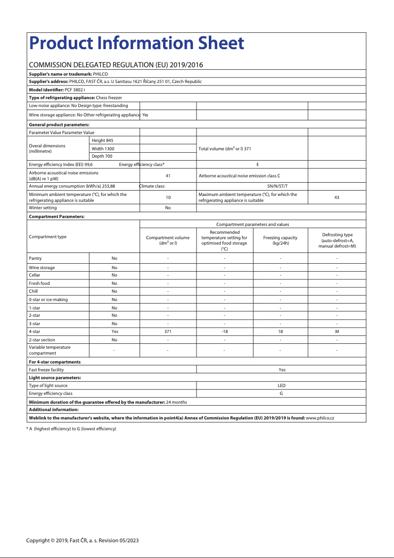Page 1 de la notice Fiche technique Philco PCF 3802 i