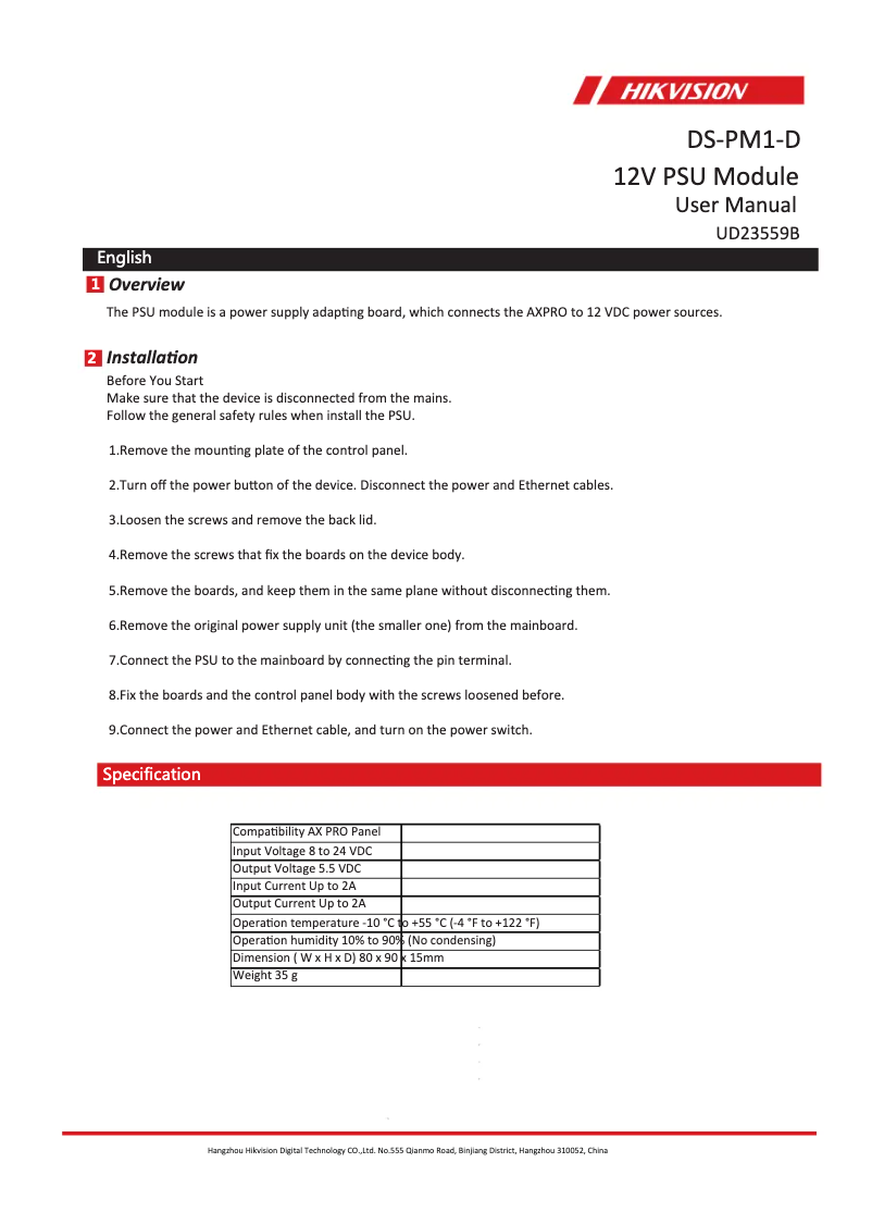 Image de la première page du manuel de l'appareil DS-PM1-D