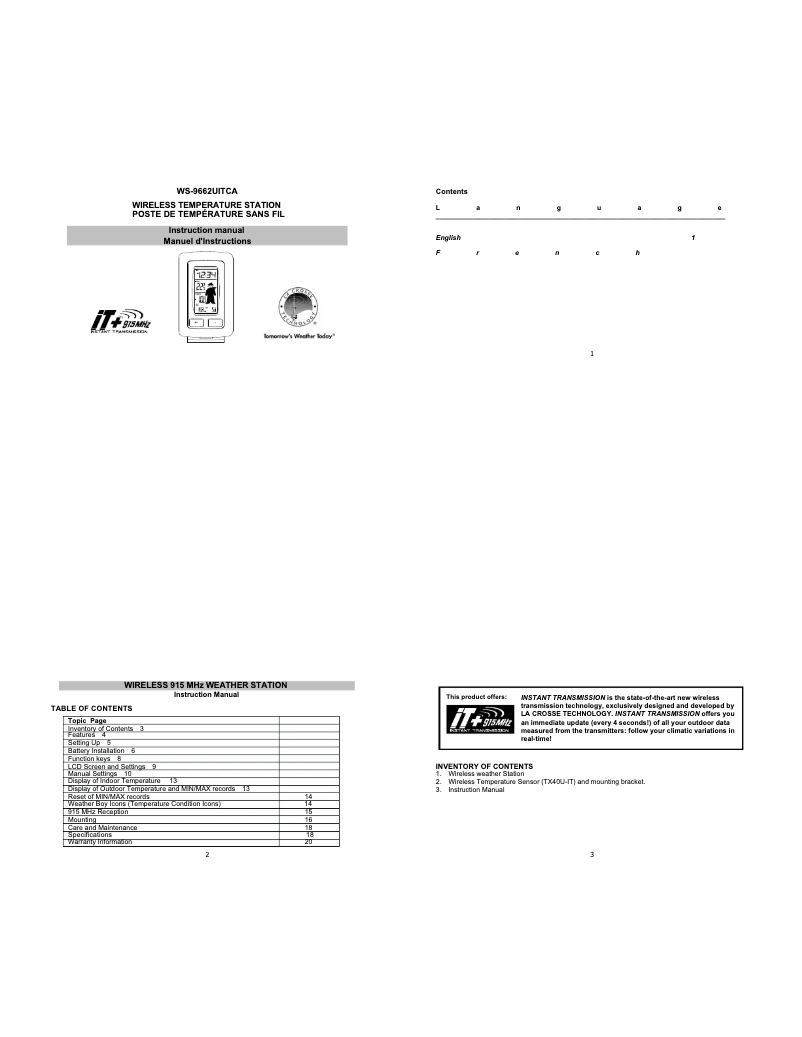 Image de la première page du manuel de l'appareil WS-9662U-IT CA