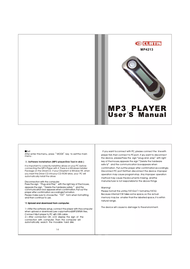 Page 1 de la notice Manuel utilisateur Curtis MP4213