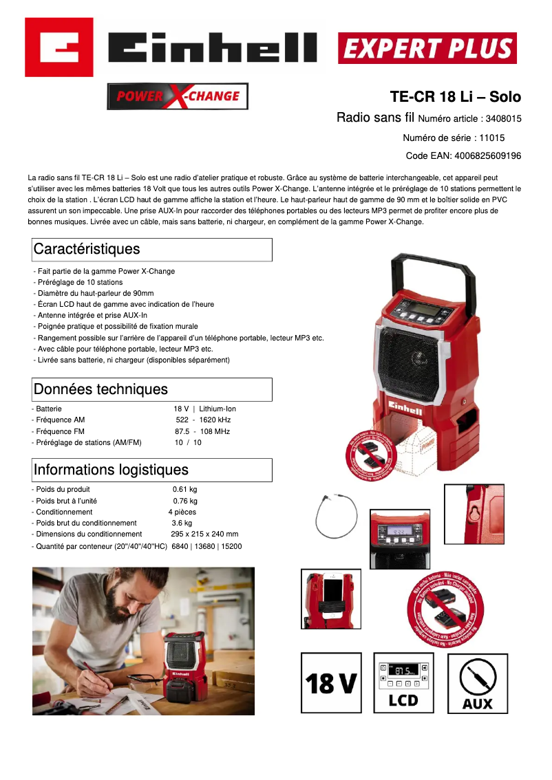 Page 1 de la notice Fiche technique Einhell TE-CR 18 Li-Solo