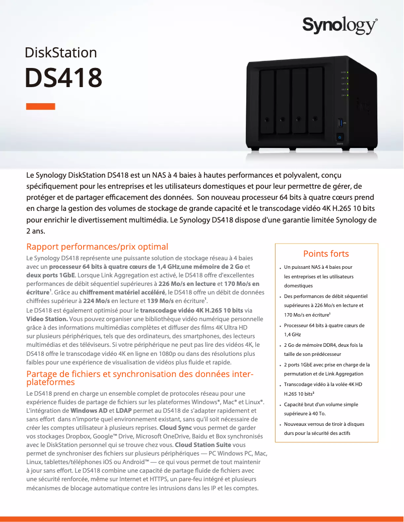 Page 1 de la notice Fiche technique Synology DiskStation DS418