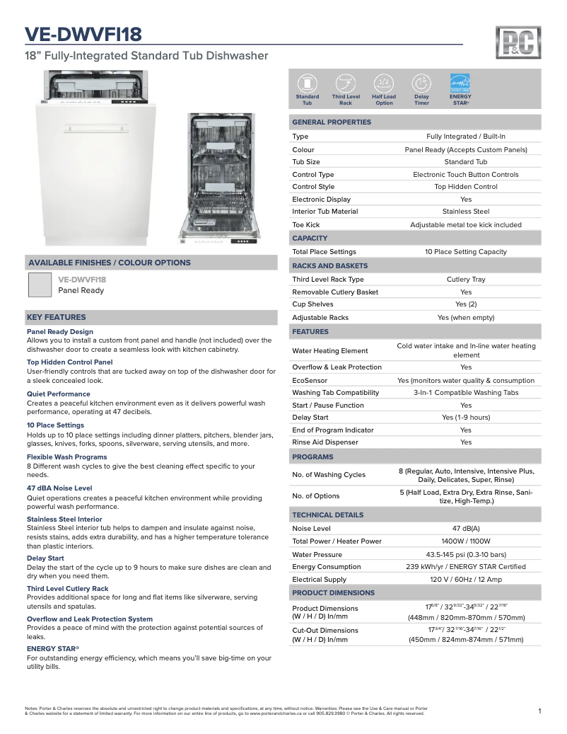 Page 1 de la notice Fiche technique Porter & Charles DWVFI18