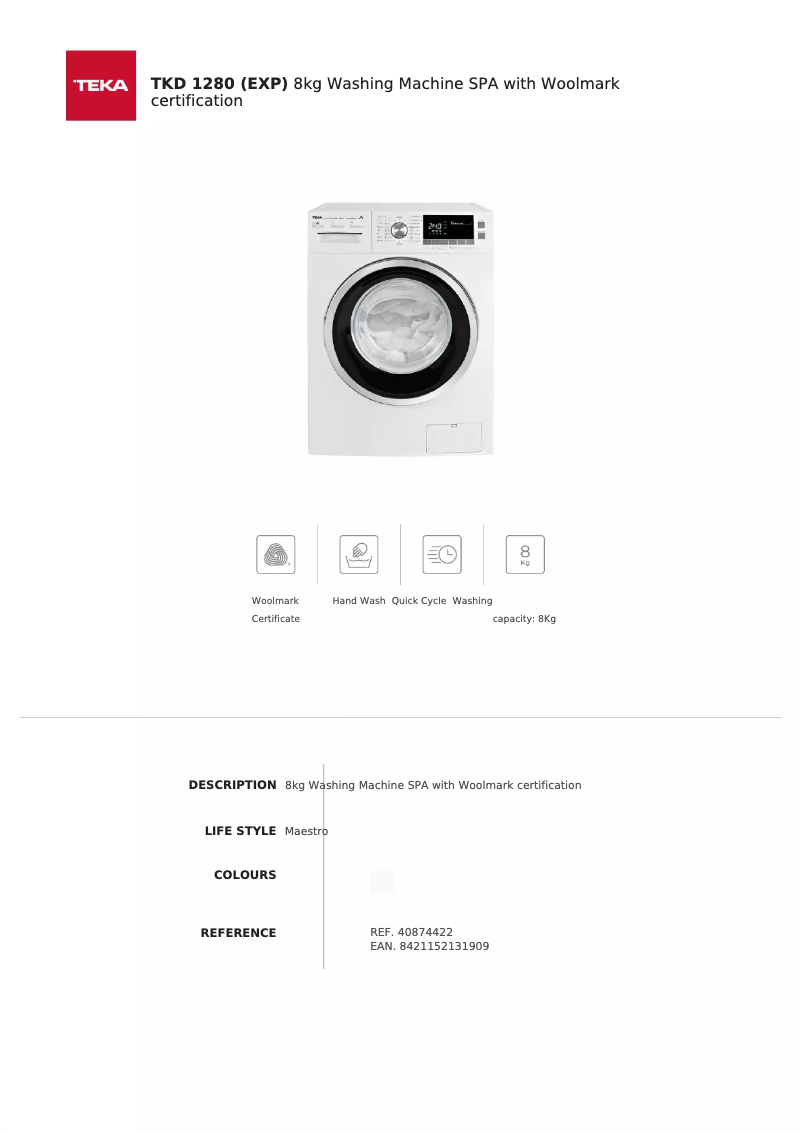 Page 1 de la notice Fiche technique Teka TKD 1280 EXP