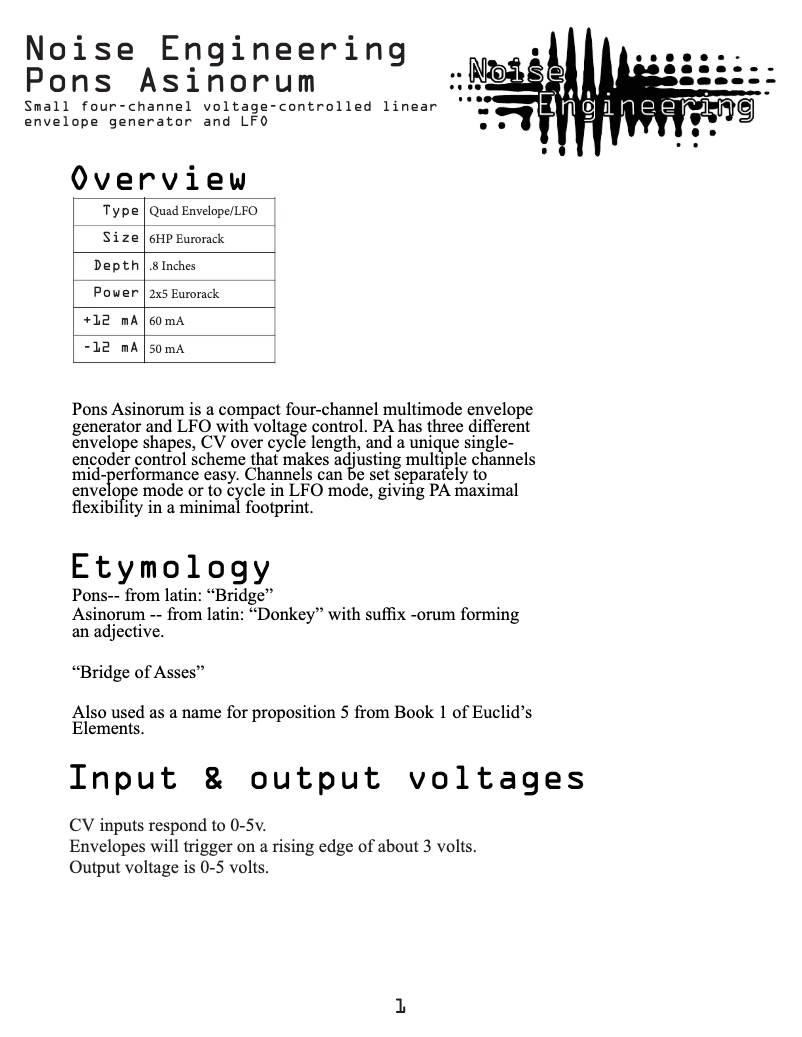 Page 1 de la notice Manuel utilisateur Noise Engineering Pons Asinorum