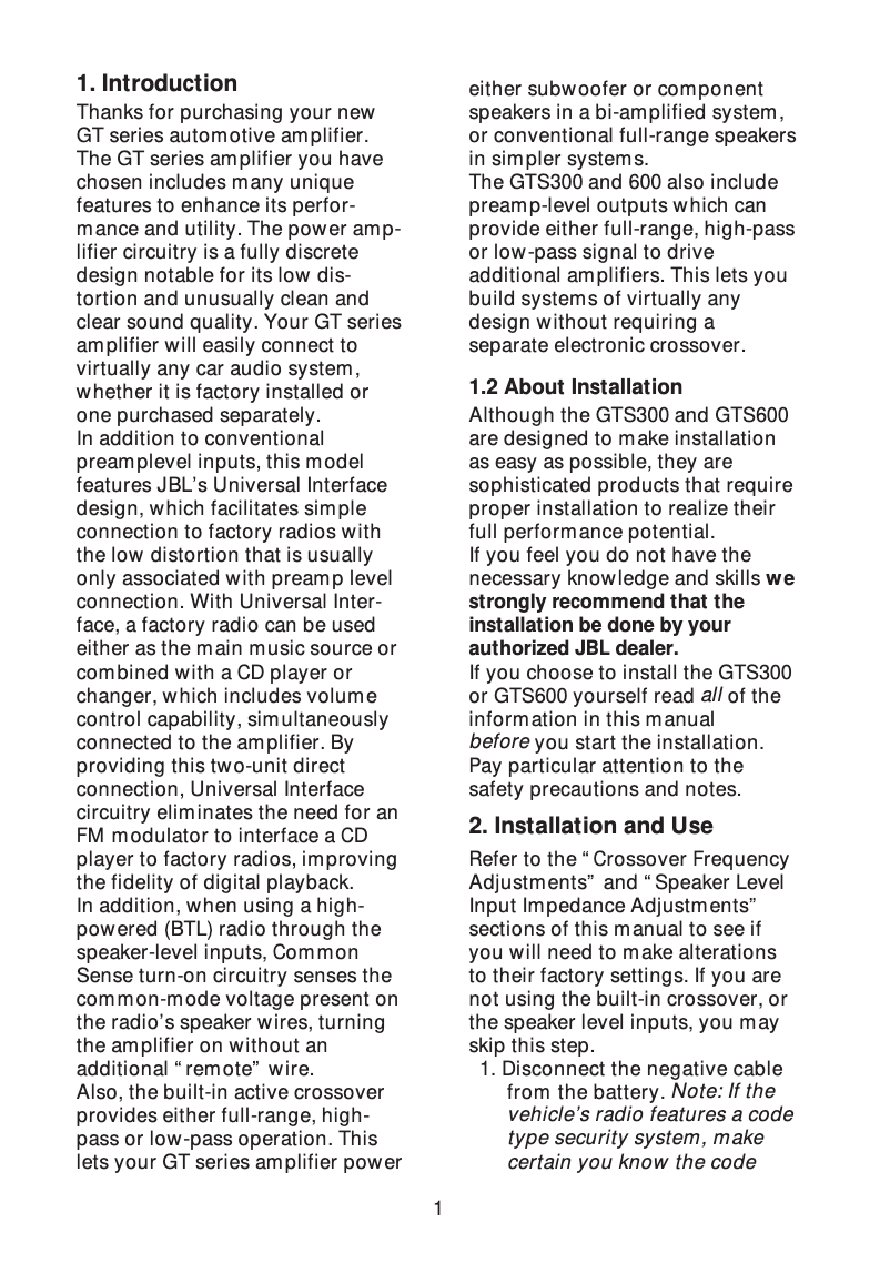 Page 1 de la notice Manuel utilisateur JBL Grand Touring GTS600