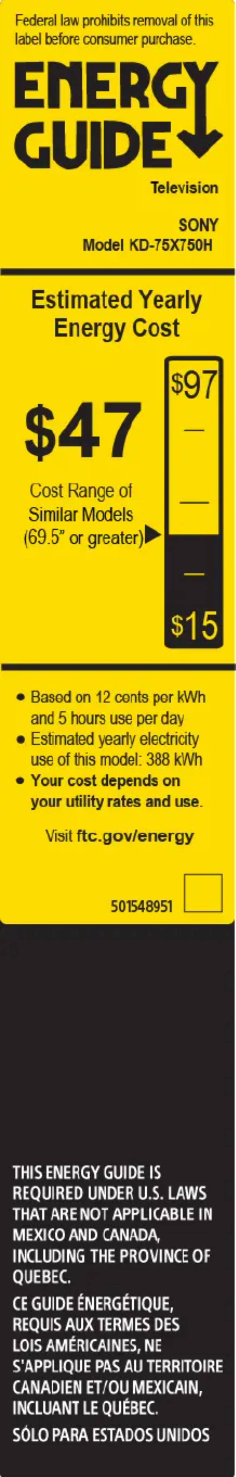 Page 1 de la notice Label énergétique Sony KD-75X750H