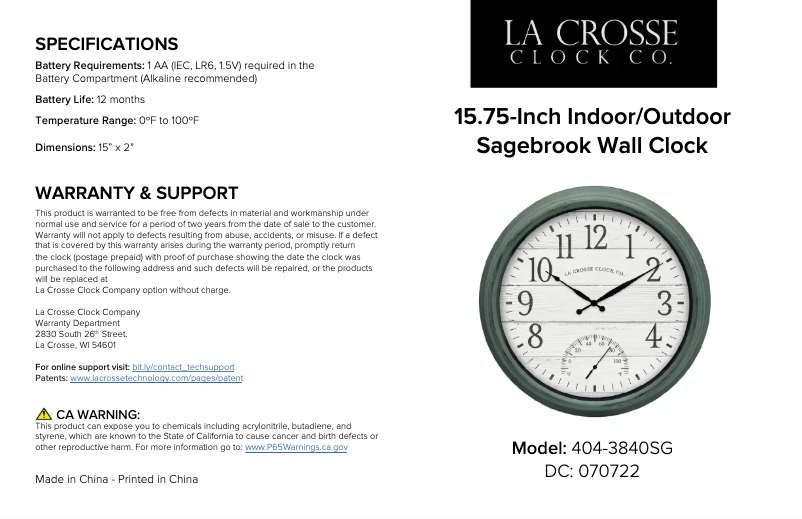 Image de la première page du manuel de l'appareil Sagebrook 404-3840SG