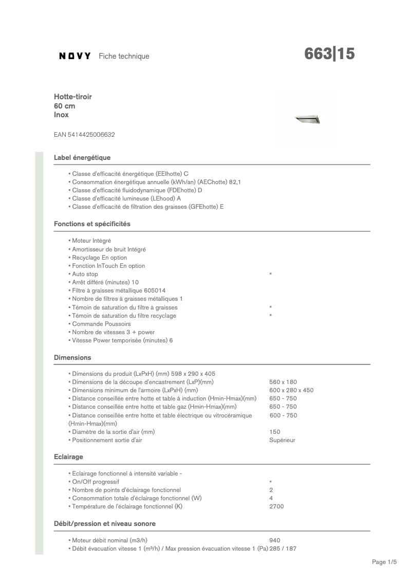 Page 1 de la notice Fiche technique Novy 663