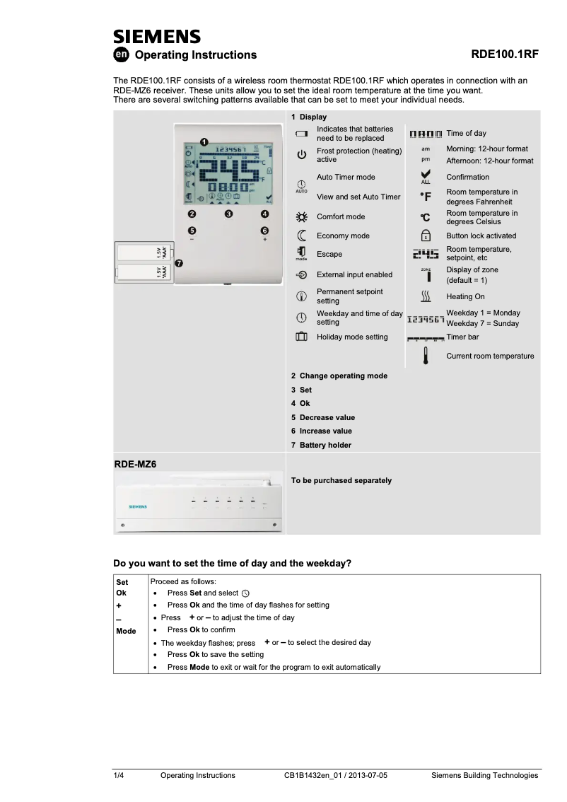 Page n°1 - Manuel utilisateur Siemens RDE100.1RF