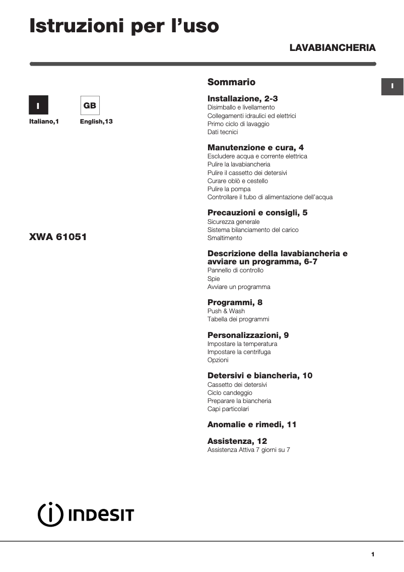 Page n°1 - Manuel utilisateur Indesit XWA 61051 WWG IT