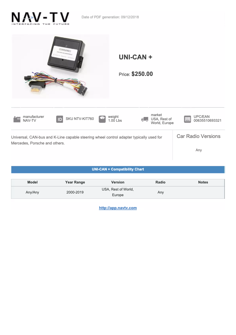 Page n°1 - Manuel utilisateur NAV-TV UNI-CAN+ NTV-KIT760