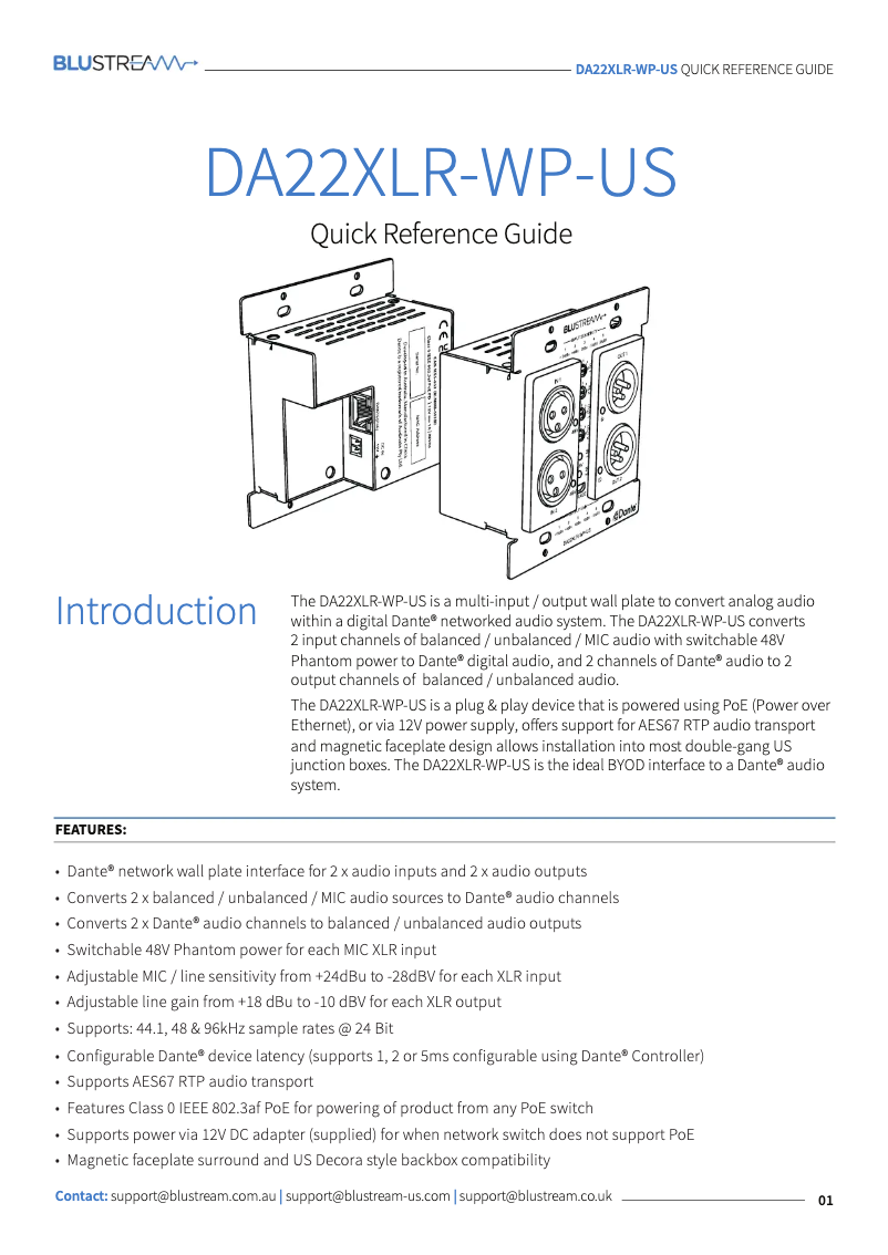 Page n°1 - Manuel utilisateur Blustream DA22XLR-WP-US