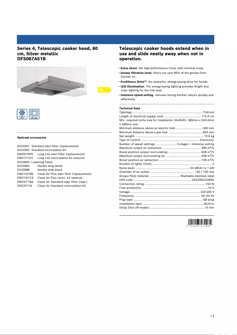 Page 1 de la notice Fiche technique Bosch DFS067A51B