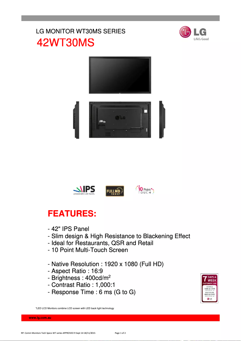 Página 1 del manual Ficha técnica LG 42WT30MS-B