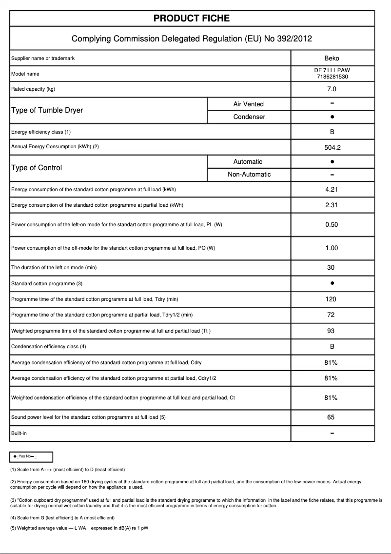 Page 1 de la notice Fiche technique Beko DF 7111 PAW
