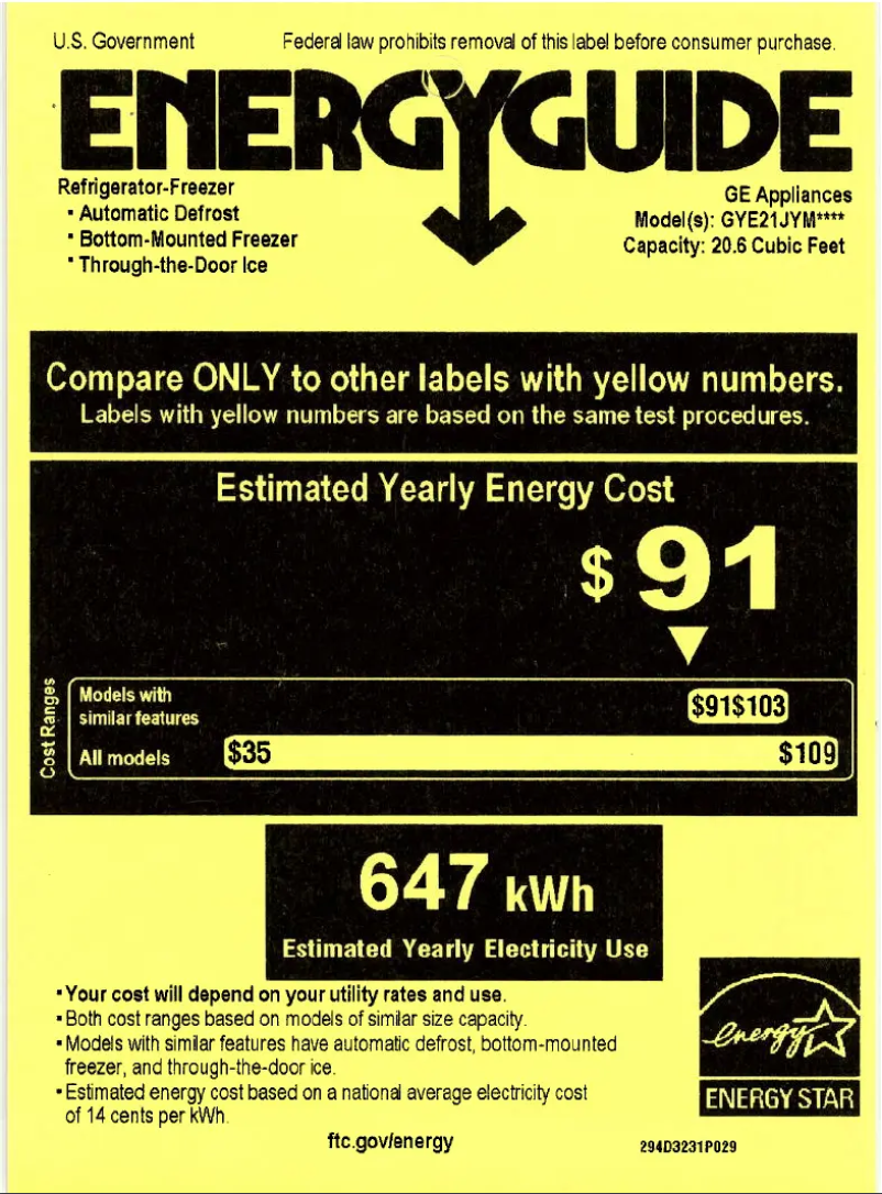 Page 1 de la notice Label énergétique GE GYE21JYMFS