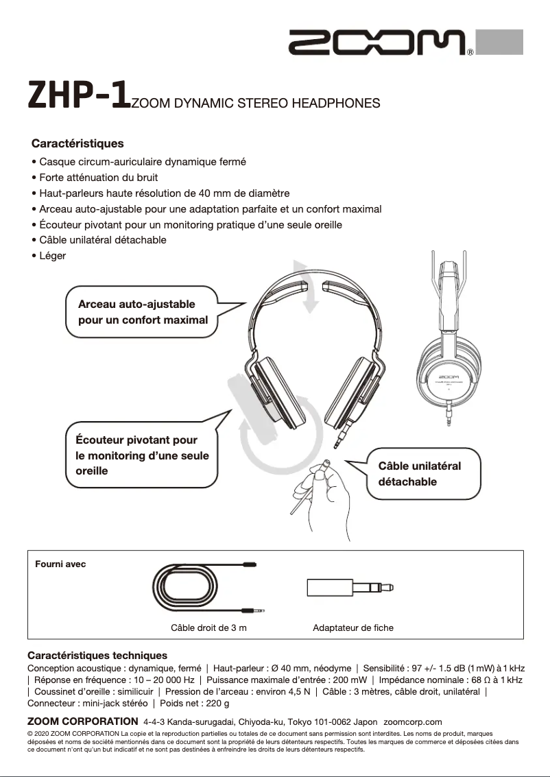 Page 1 de la notice Manuel utilisateur Zoom ZHP-1