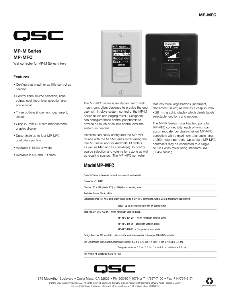 Page 1 de la notice Fiche technique QSC MP-MFC Controller