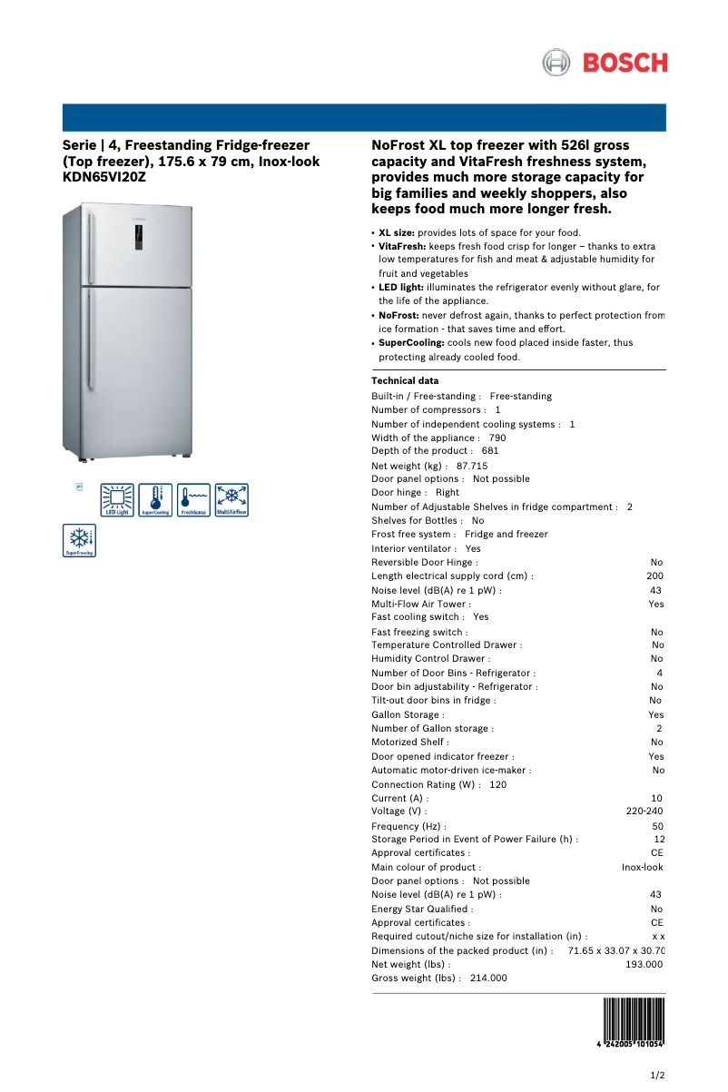 Page 1 de la notice Manuel utilisateur Bosch KDN65VI20Z