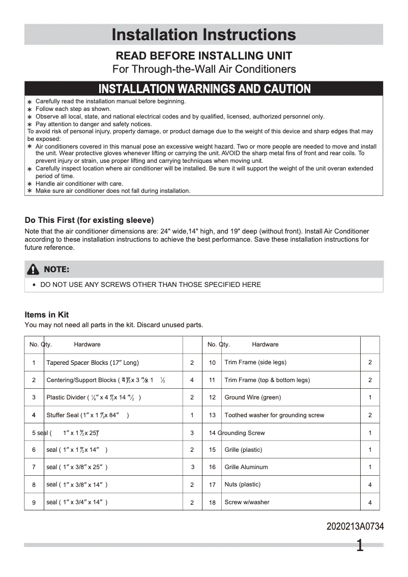 Page 1 de la notice Guide d'installation Frigidaire FRA14EHT2