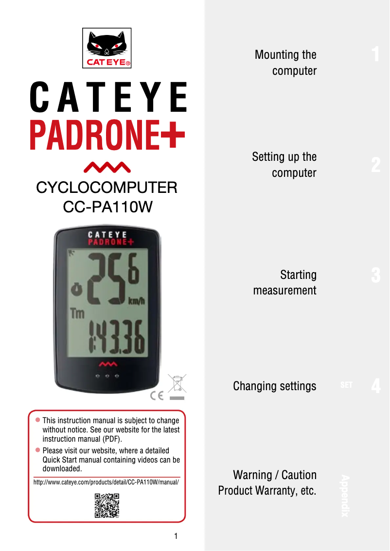 Page 1 de la notice Manuel utilisateur Cateye Padrone+ CC-PA110W