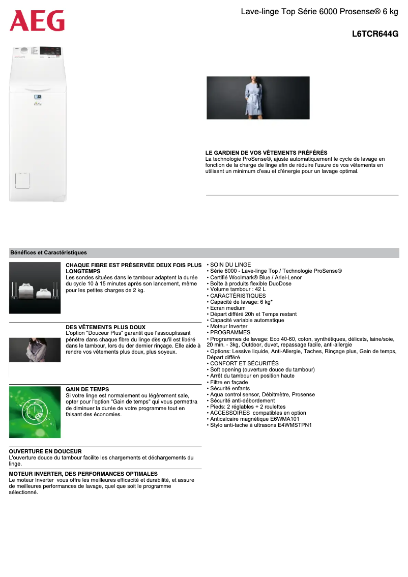 Página 1 del manual Ficha técnica AEG L6TCR644G
