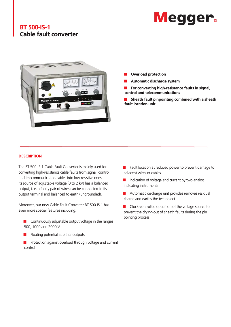 Page 1 de la notice Fiche technique Megger BT500 IS-1