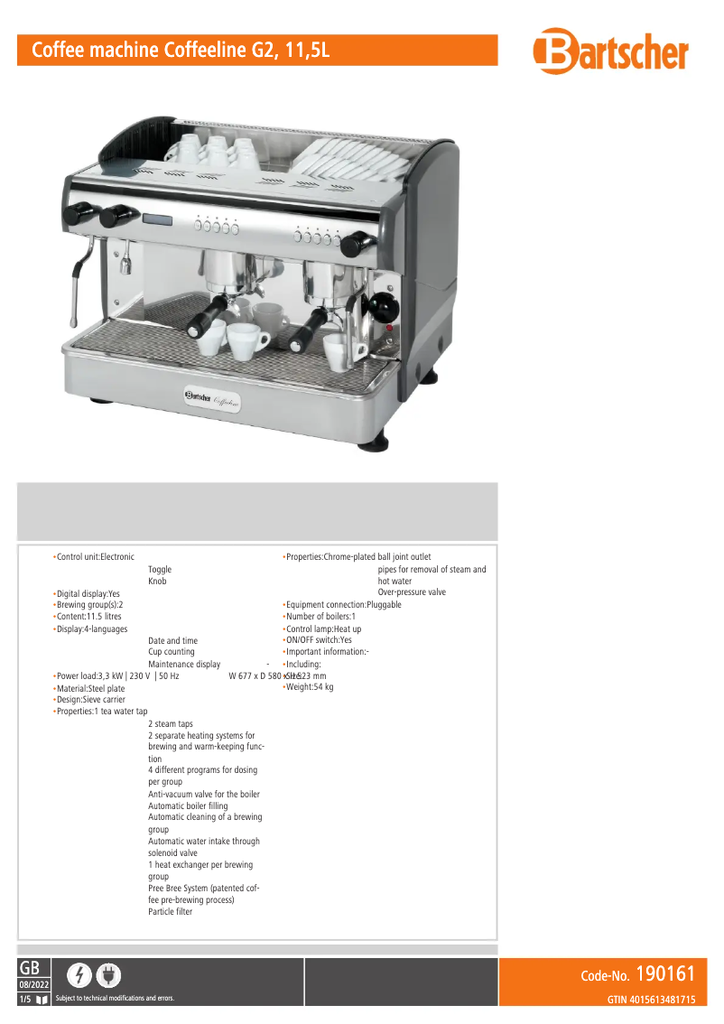 Page 1 de la notice Fiche technique Bartscher Coffeeline G2/11,5L