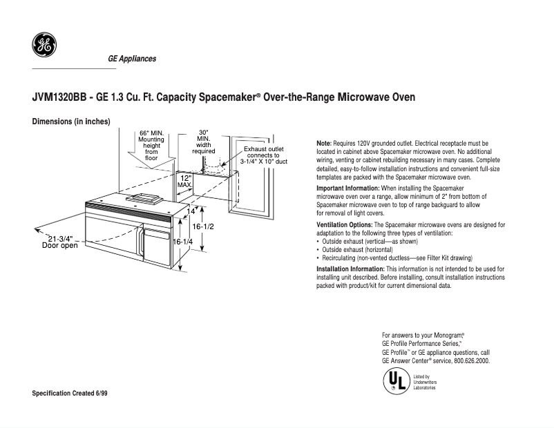 Page 1 de la notice Fiche technique GE JVM1320BB