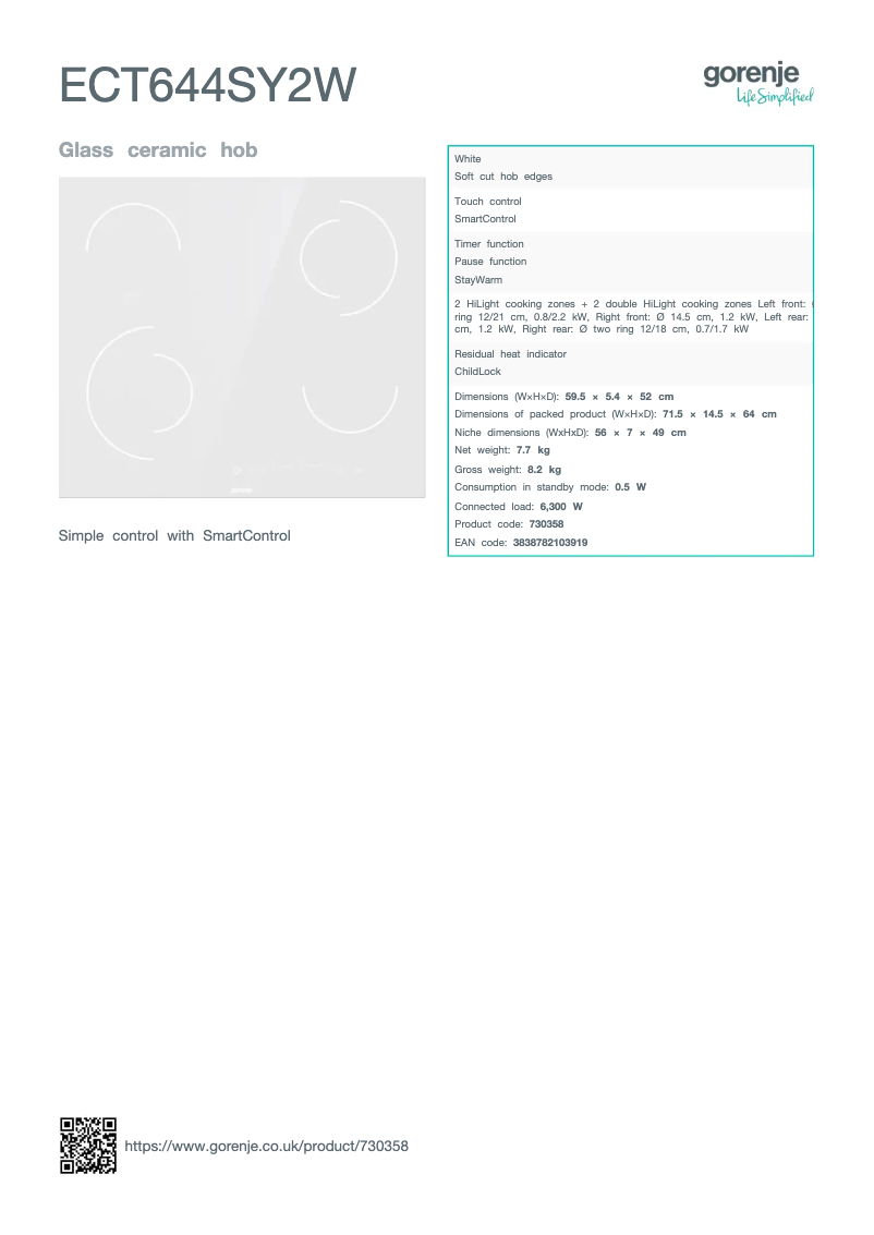 Page n°1 - Fiche technique Gorenje ECT644SY2W