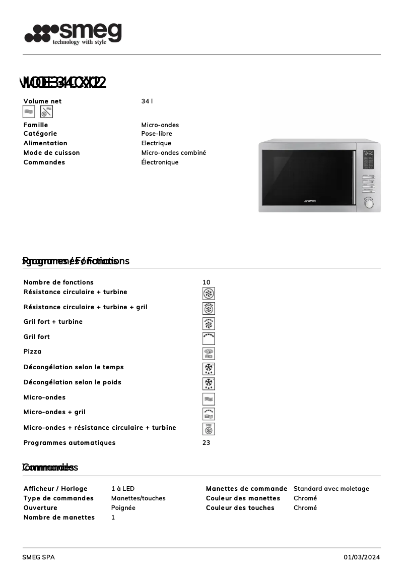 Page 1 de la notice Fiche technique Smeg MOE34CXI2