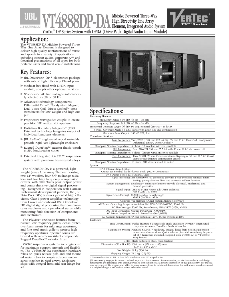 Page 1 de la notice Fiche technique JBL VT4888DP