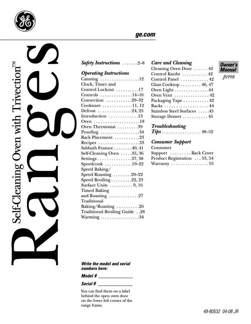 Page n°1 - Manuel d'utilisation et d'entretien GE Profile JS998TKWW