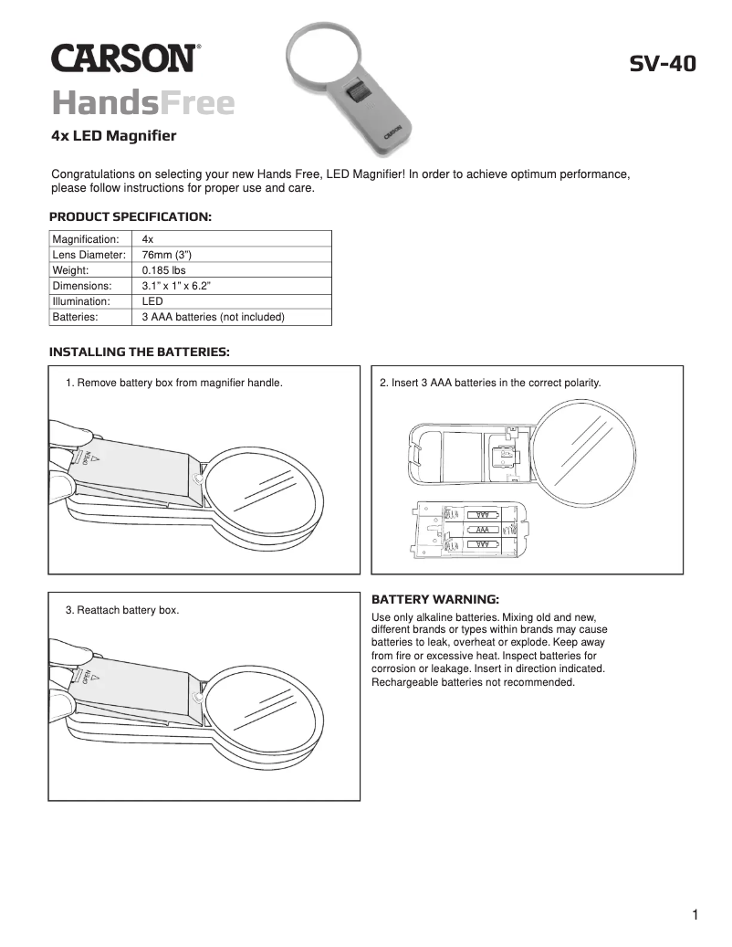 Page n°1 - Manuel utilisateur Carson HandsFree SV-40