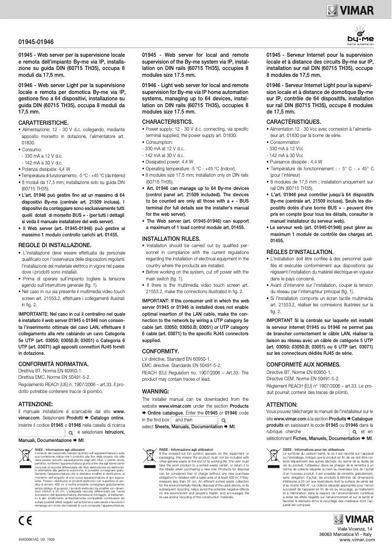 Page 1 de la notice Instructions / montage Vimar R01946