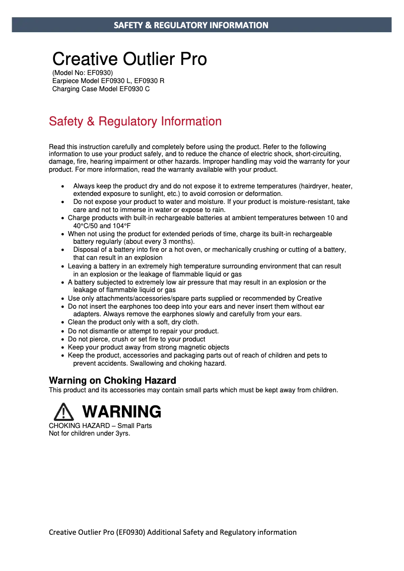 Page 1 de la notice Instructions de sécurité Creative Outlier Pro