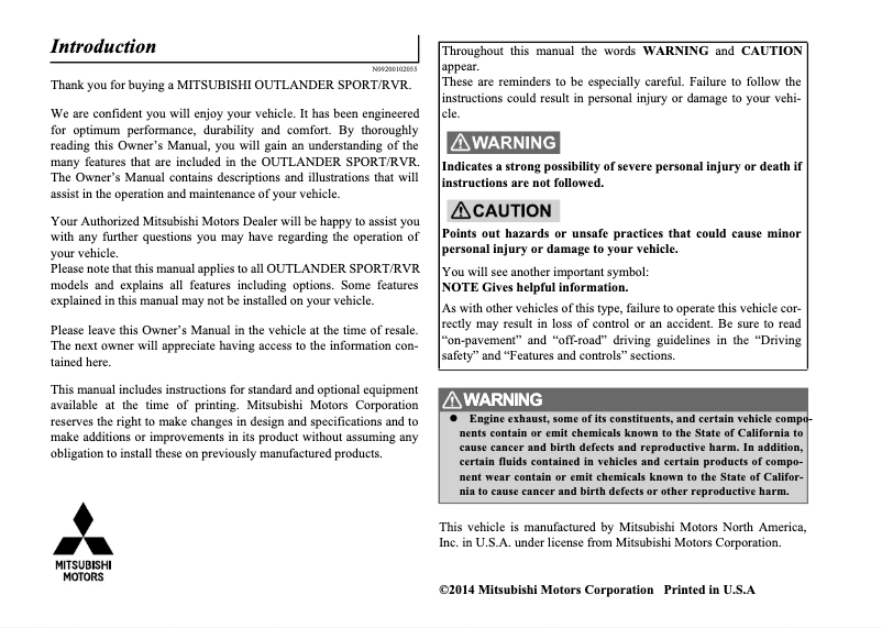 Page 1 de la notice Manuel utilisateur Mitsubishi Outlander Sport (2015)