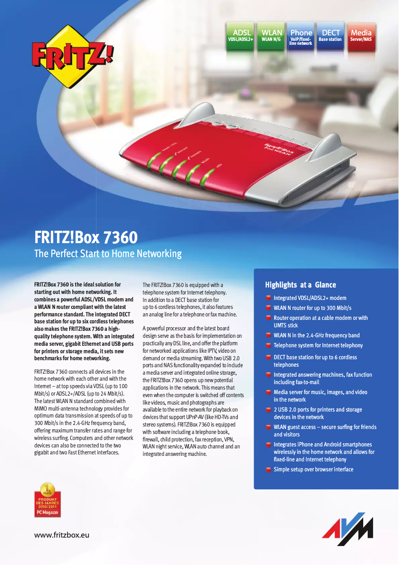 Page 1 de la notice Fiche technique AVM Fritz!Box 7360