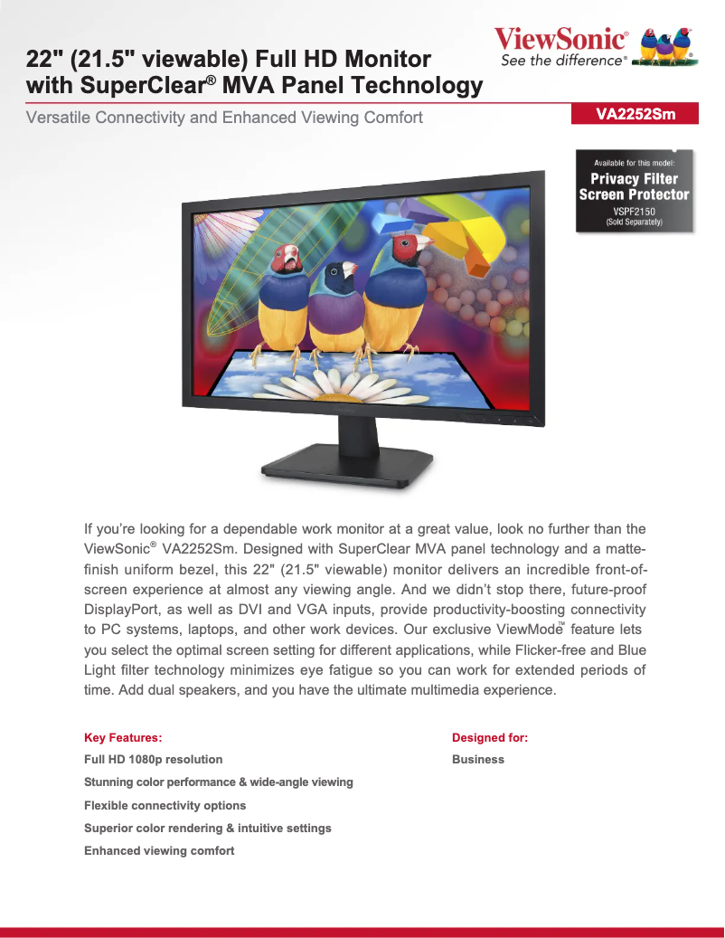 Página 1 del manual Ficha técnica Viewsonic VA2252SM