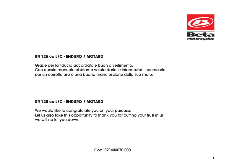 Page 1 de la notice Manuel utilisateur Beta RR 125 LC (2016)