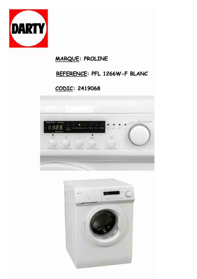 Page 1 de la notice Manuel utilisateur Proline PFL 1266W-F