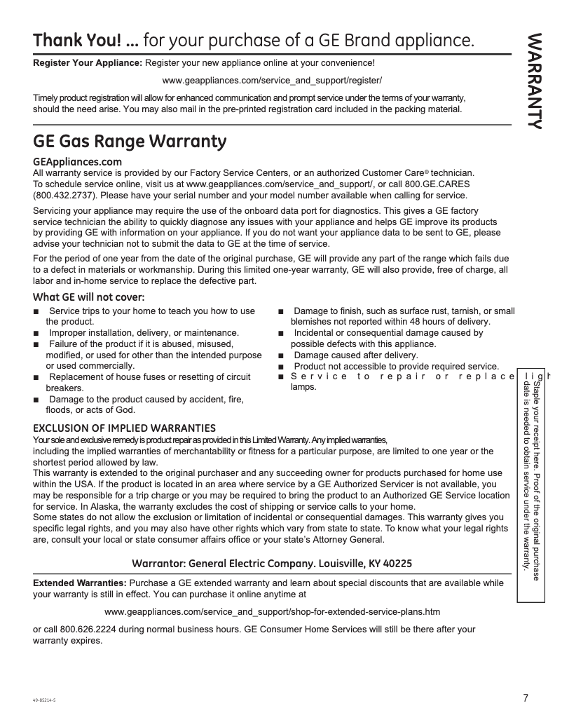 Page n°1 - Informations de garantie GE JGBS66FEKDS
