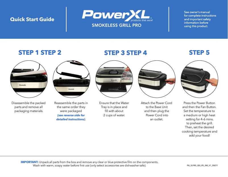Page 1 de la notice Guide de démarrage rapide PowerXL Smokeless Grill PG-1500FDR